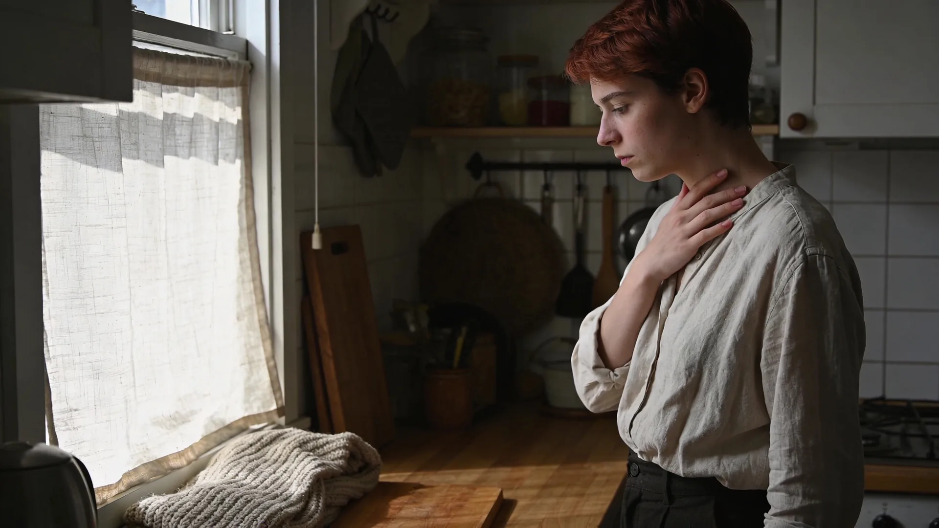 Anxiety chest pain — side profile, hand resting near the collarbone in soft morning light