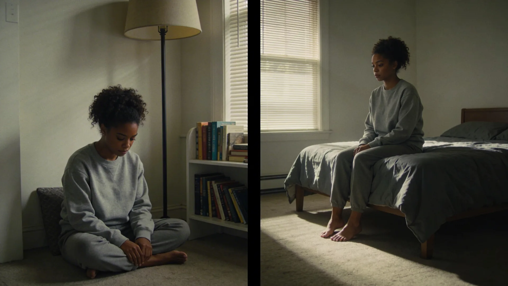 Man sitting on bed edge in morning light pausing after taking an anxiety quiz, feet grounded on floor