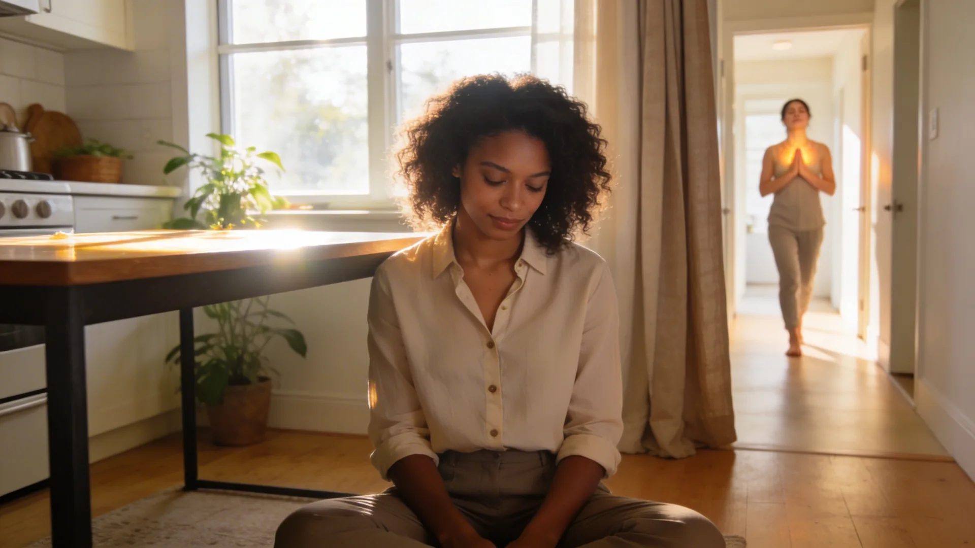 Woman stepping through a curtain into a bright hallway mid-breath, the 90-second anxiety ring reset