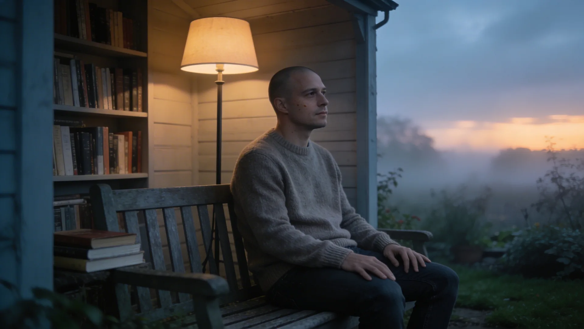 Person sitting on a garden bench in misty morning light after taking an anxiety test, hands resting on thighs