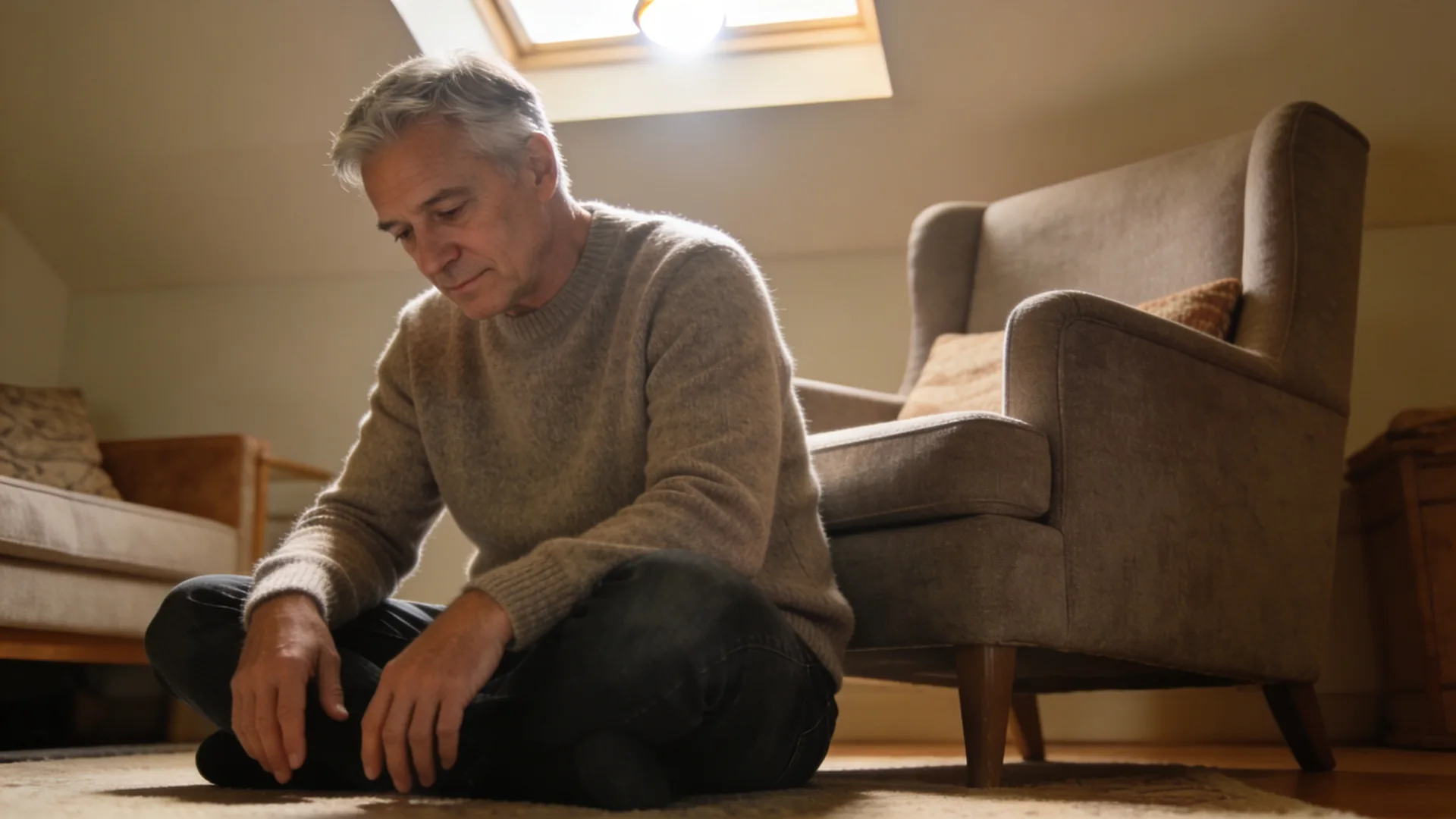 Man lying on a wooden floor in Feeling Session posture with eyes covered, chest gently rising — a 10-minute anxiety check-in
