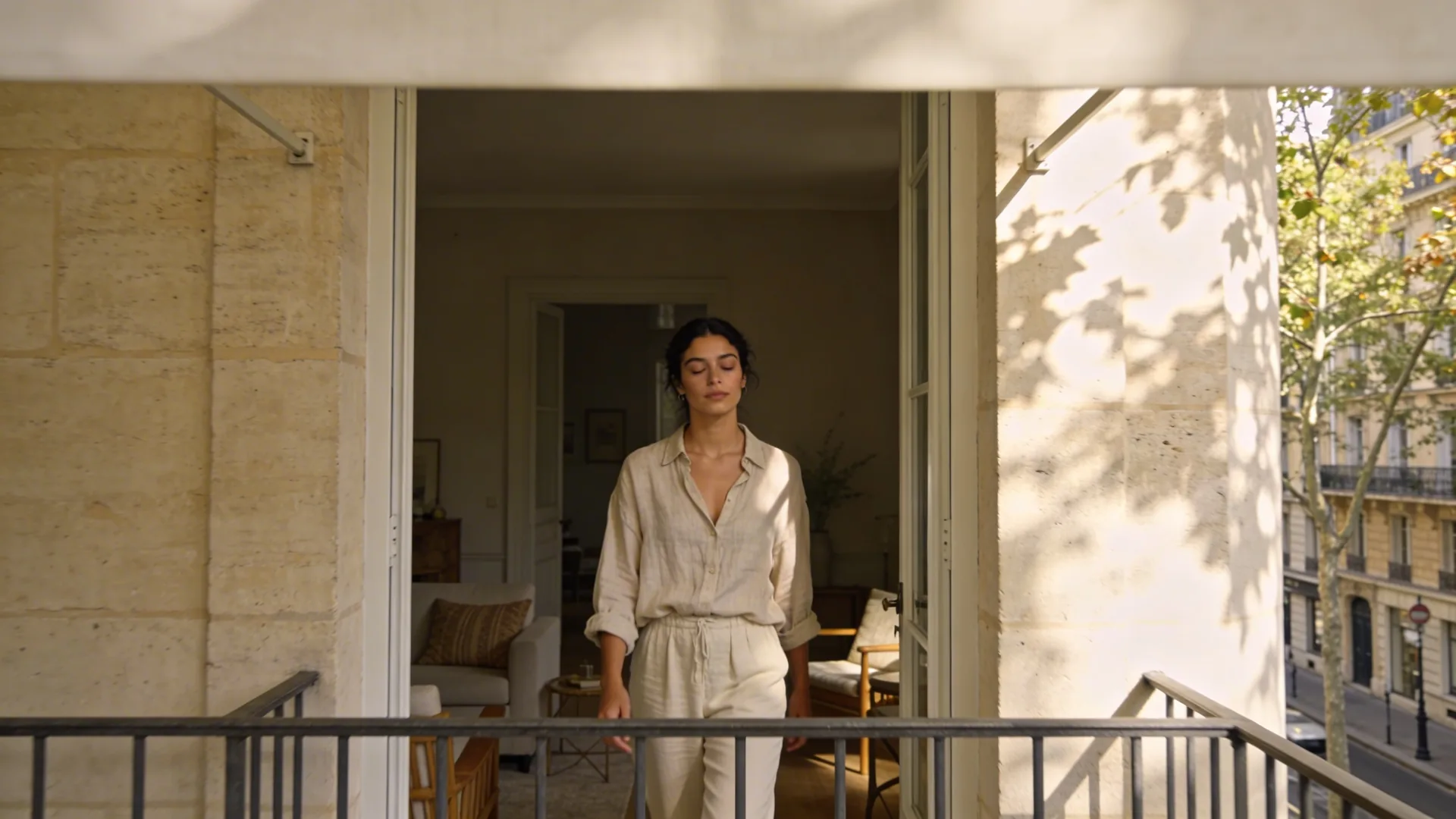 Woman standing at an open balcony doorway with eyes closed and chest relaxed — what softens after the anxiety shift