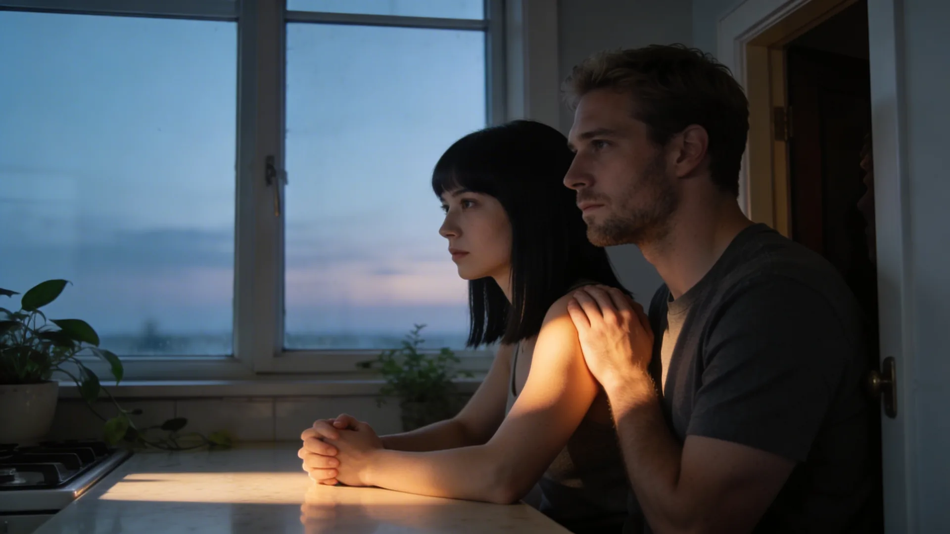 Two people standing quietly in a doorway sharing stillness during an anxious avoidant attachment spiral