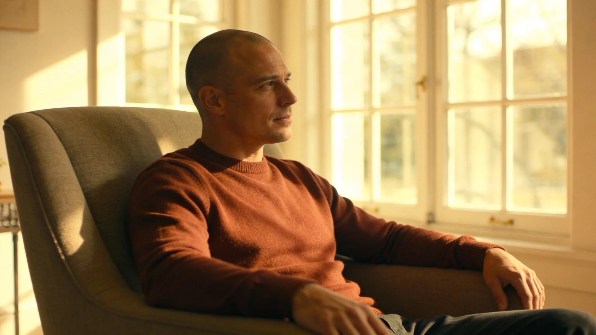 Man pulling back curtain to let afternoon light in showing clarity replacing self-blame in anxious avoidant attachment