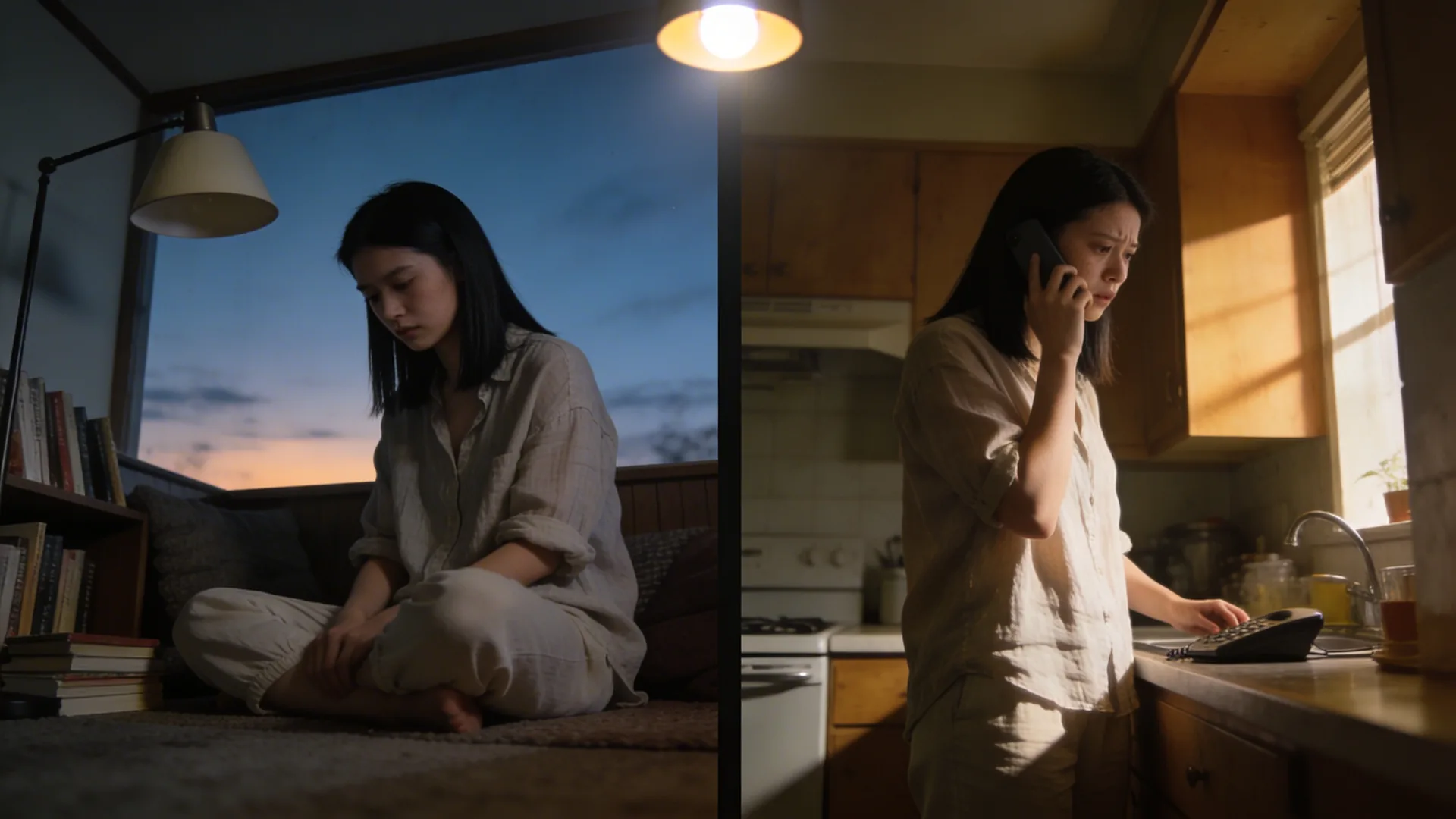 Man with anxious preoccupied attachment style standing in kitchen turned toward phone on counter in warm natural light