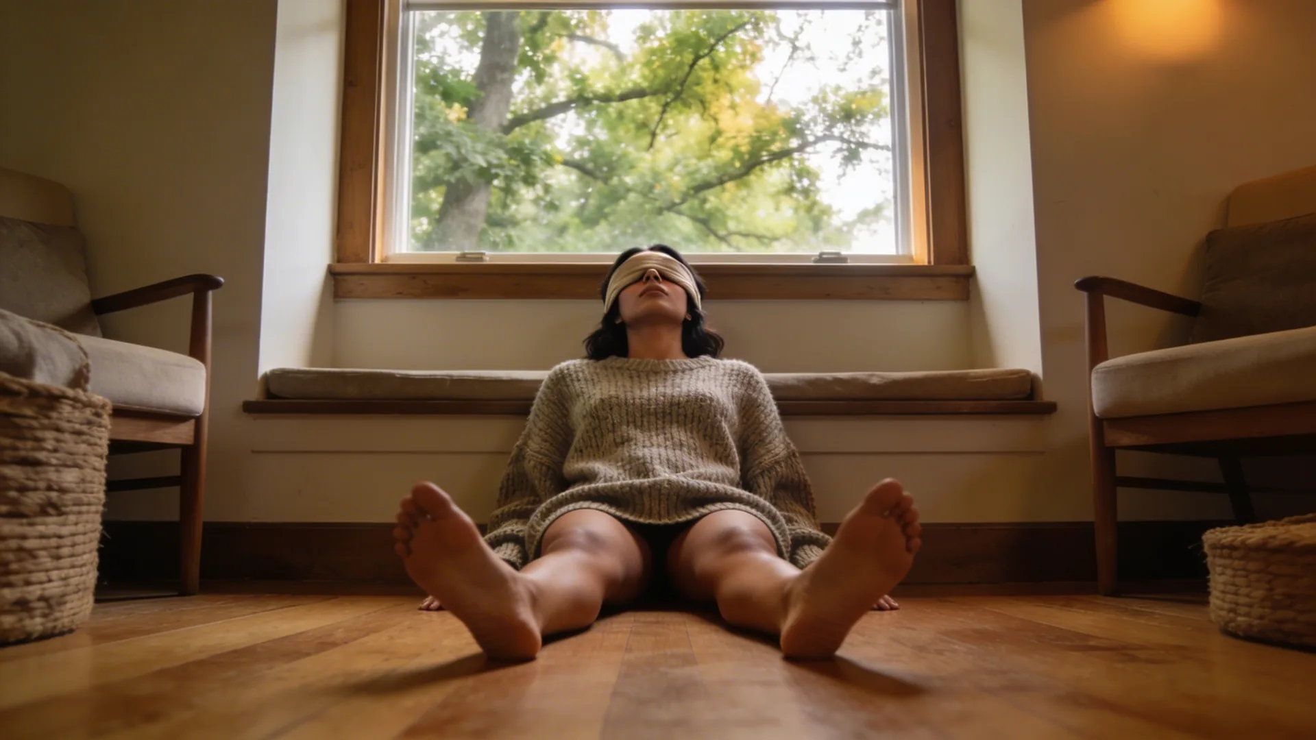 Person lying on floor in body-first practice position with palms down and eyes covered in hallway with natural light