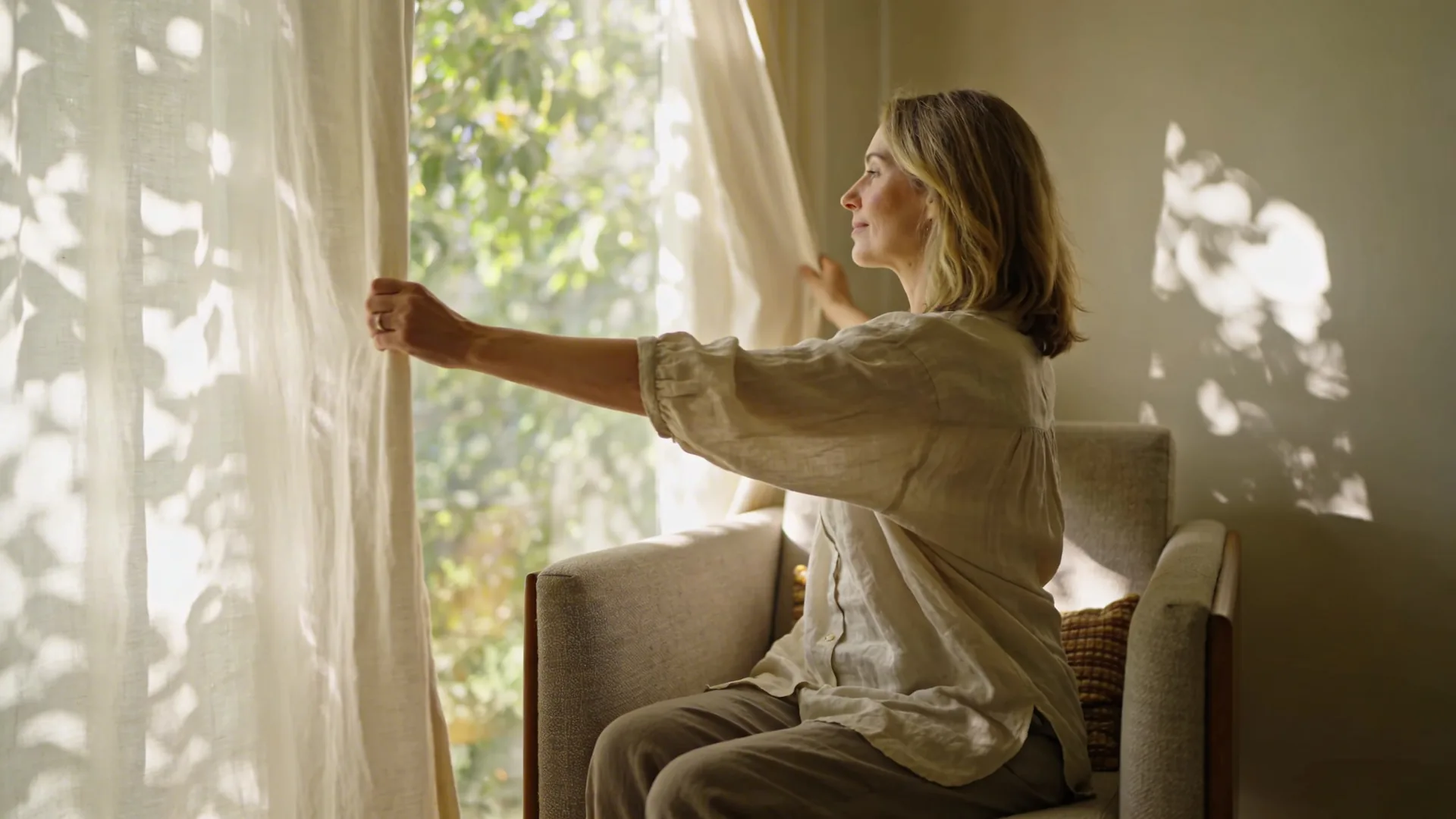Person opening a curtain from behind showing relaxed back posture, what changed and softened after body scan practice