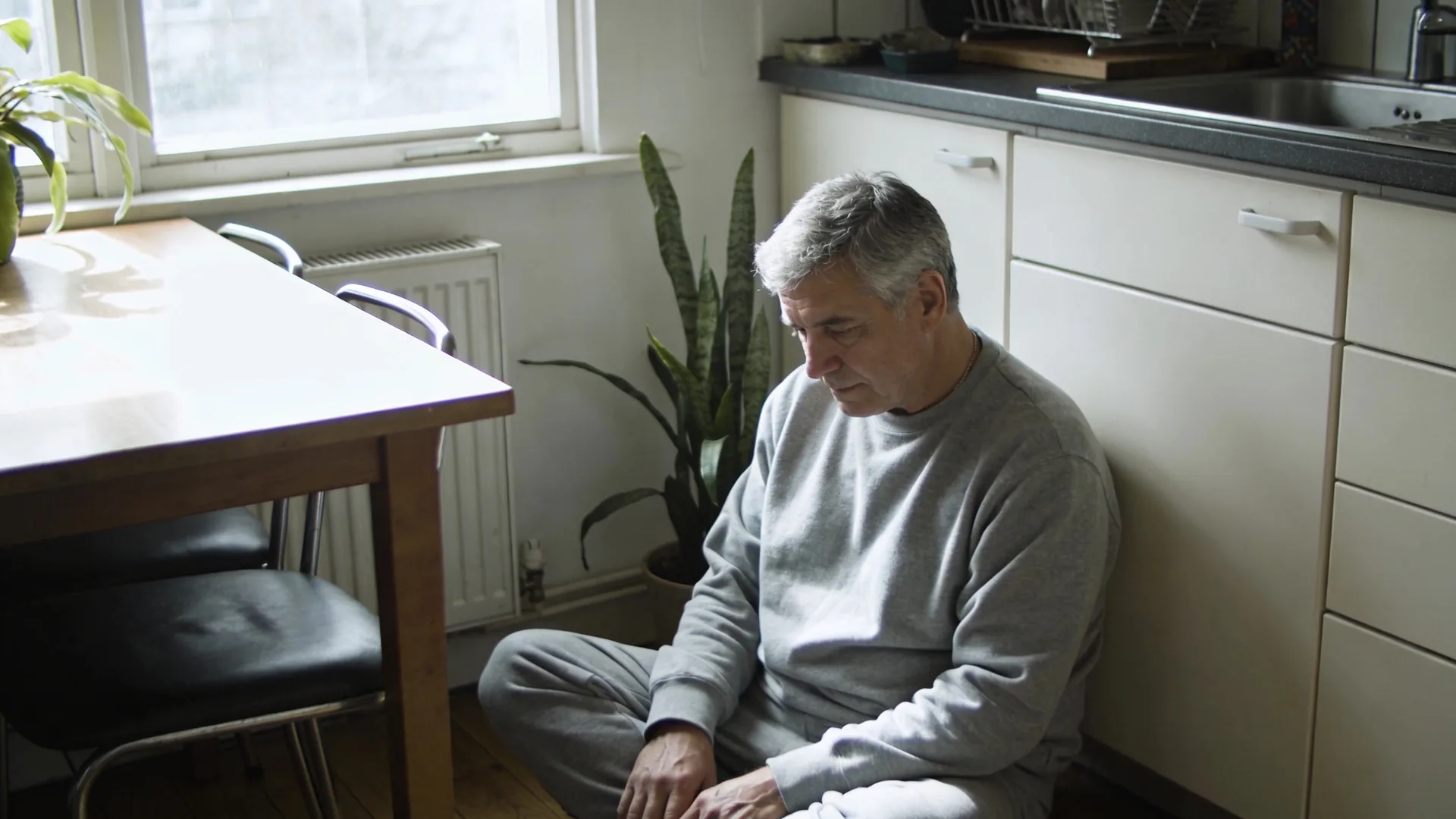 Man bottling up emotions standing at desk near industrial window with rounded shoulders and visible tension