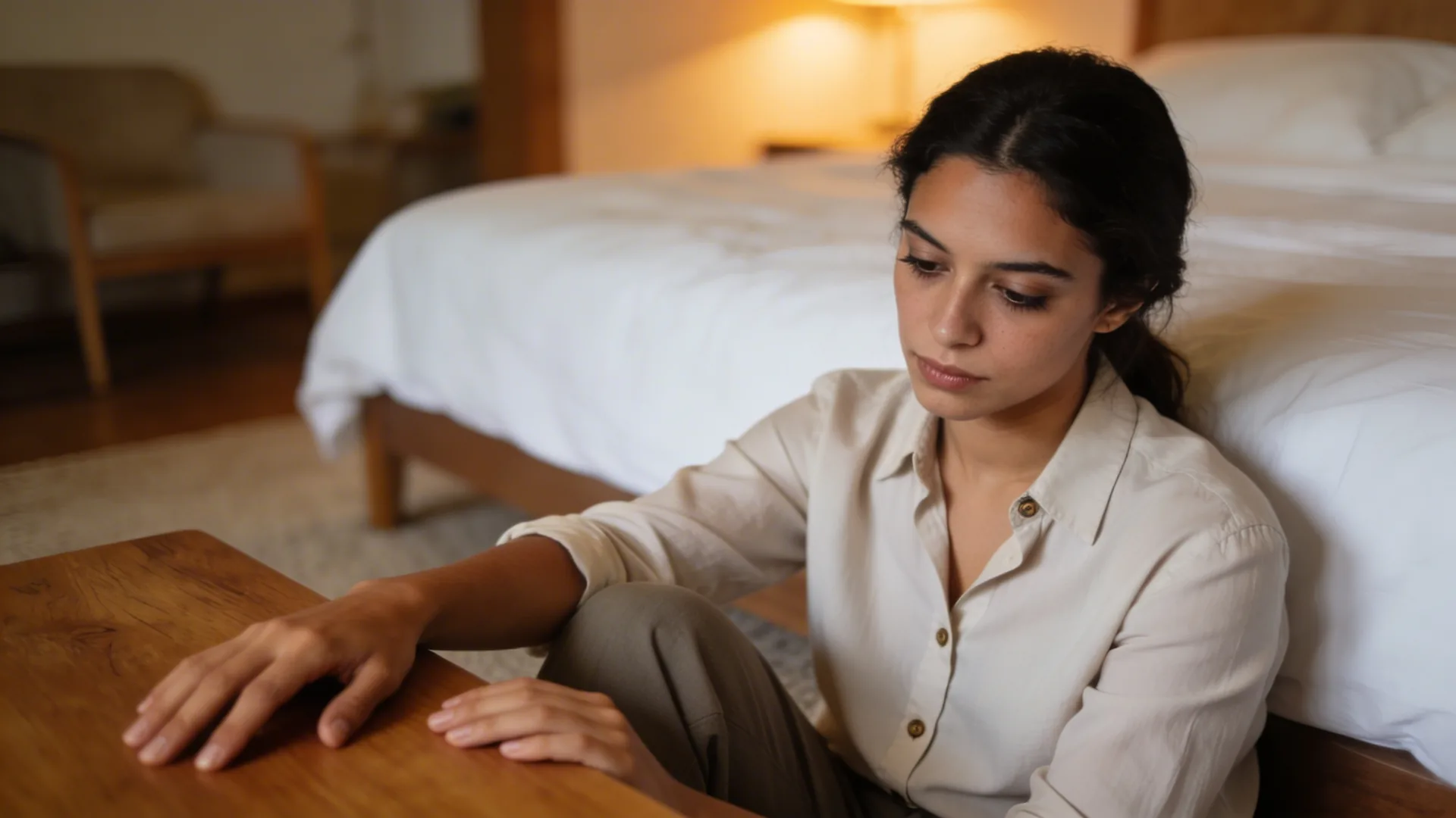 Close-up of relaxed hands resting beside ceramic mug on oak table showing what healthy boundaries feel like in the body