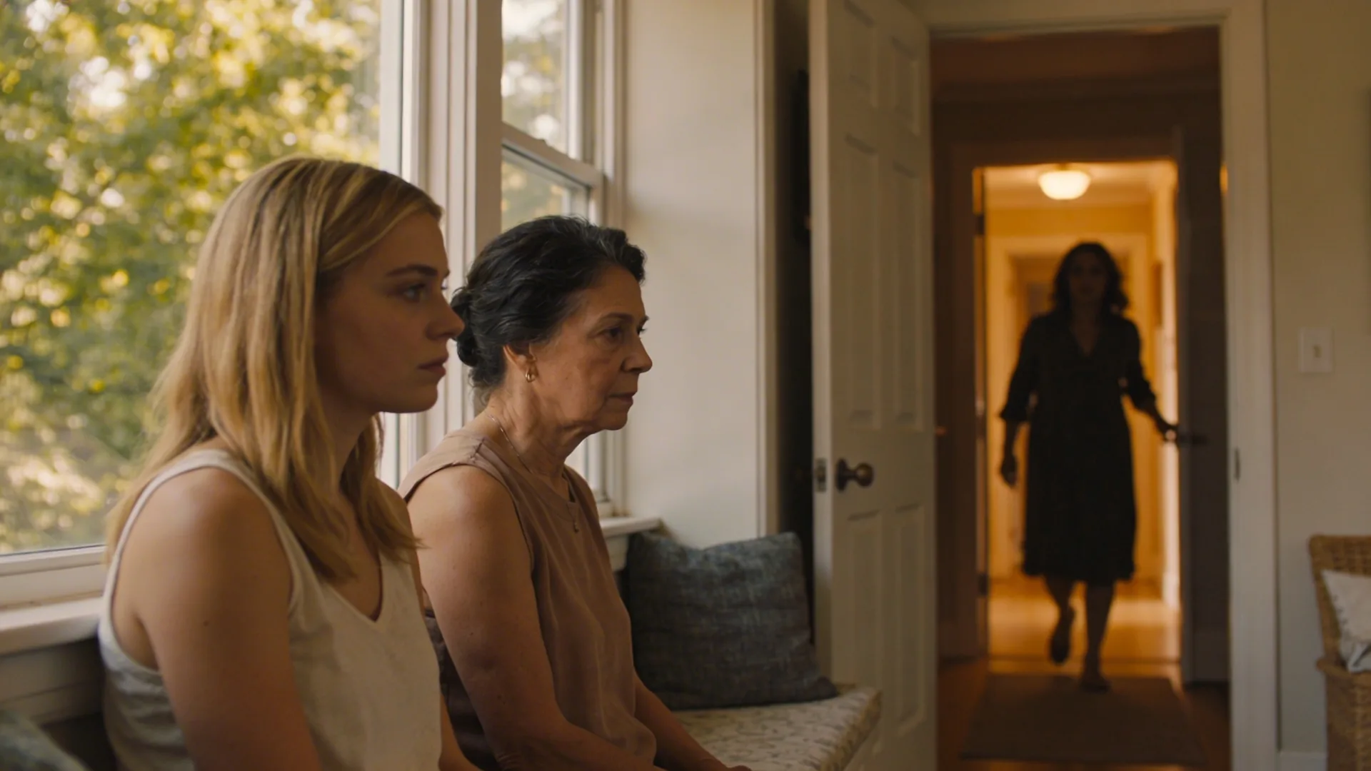 Woman stepping through doorway into lit hallway showing why boundaries in relationships collapse and how the body moves through tension