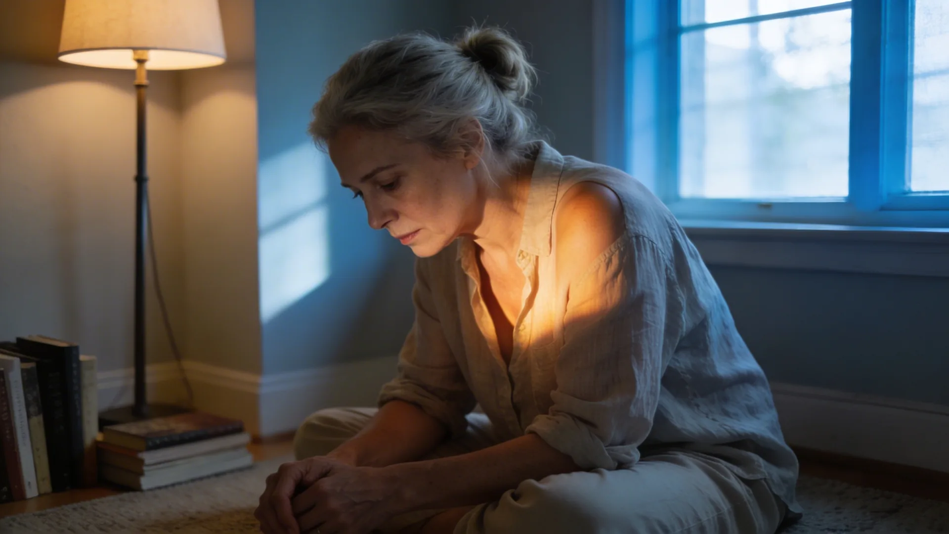 Man sitting forward on sofa in quiet living room wondering can stress cause chest pain as morning light enters