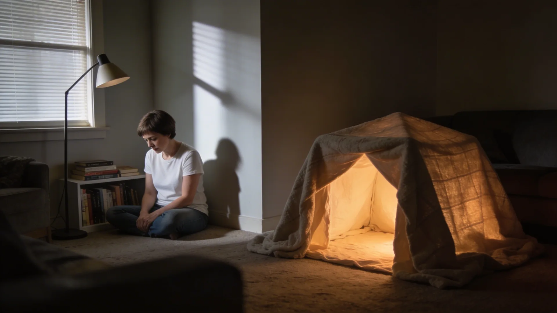 Glowing blanket fort in a dim living room evoking childhood emotional neglect and self-made safety