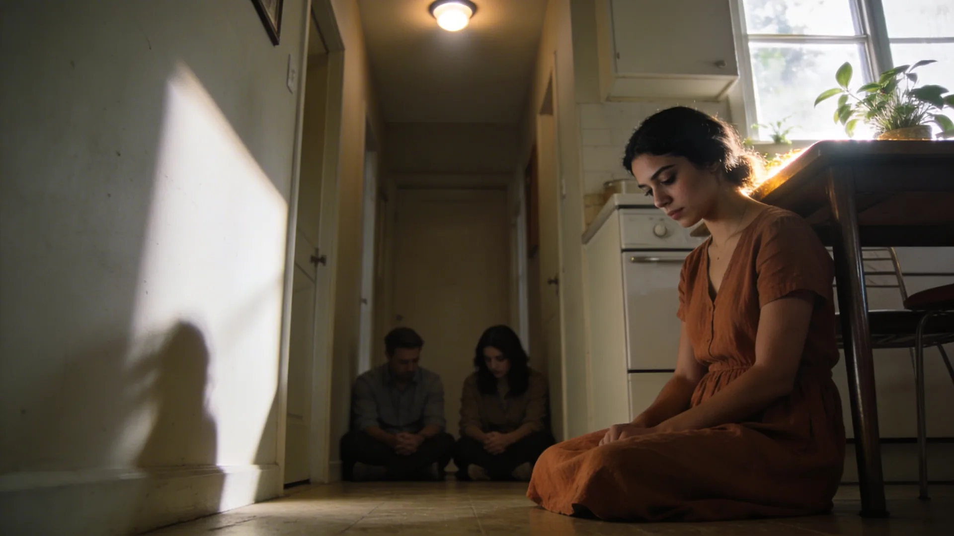Two people sitting quietly on a hallway floor sharing stillness after recognizing childhood emotional neglect patterns