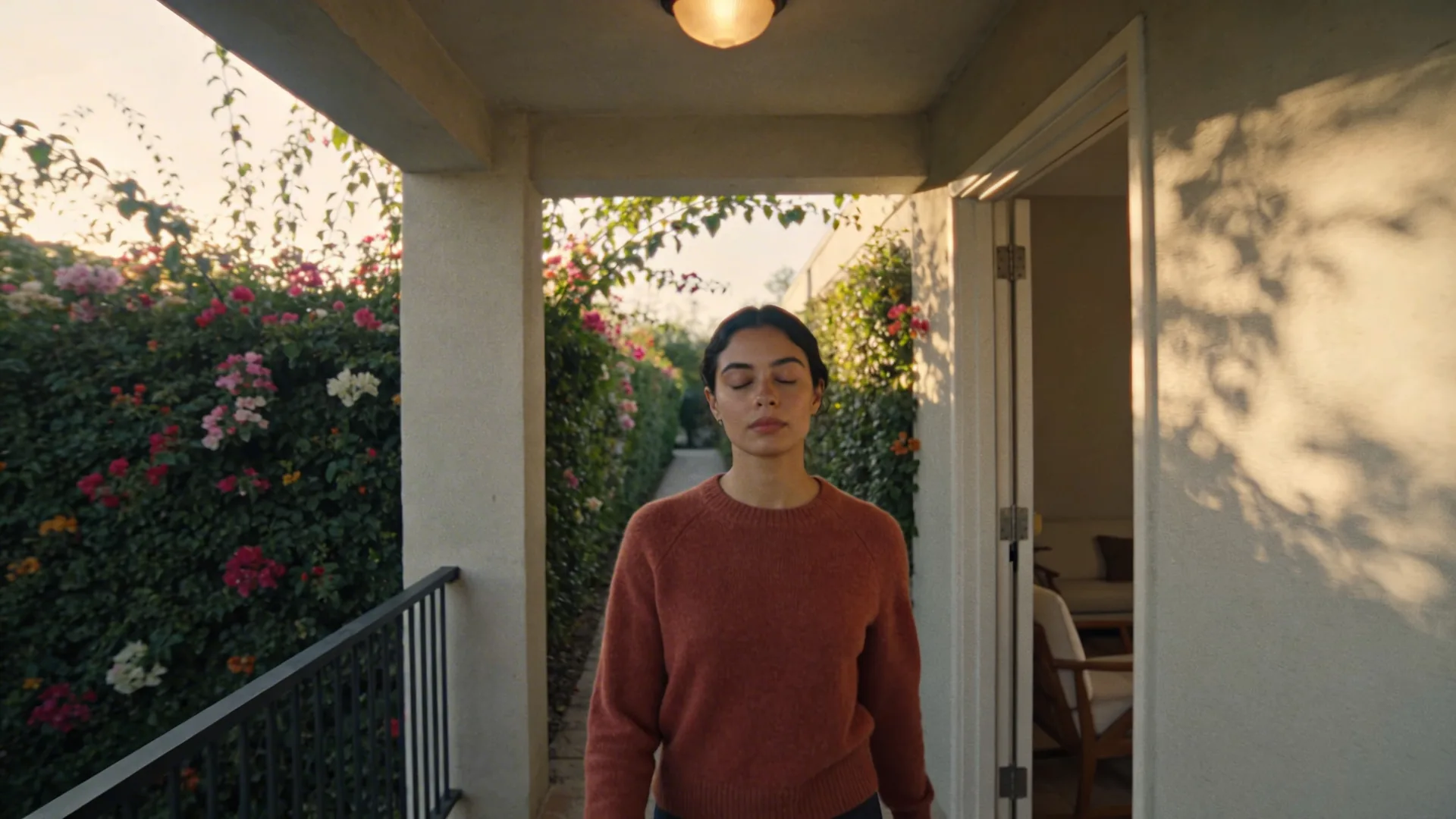 Woman standing at balcony doorway with eyes closed during a 10-minute body-first check-in