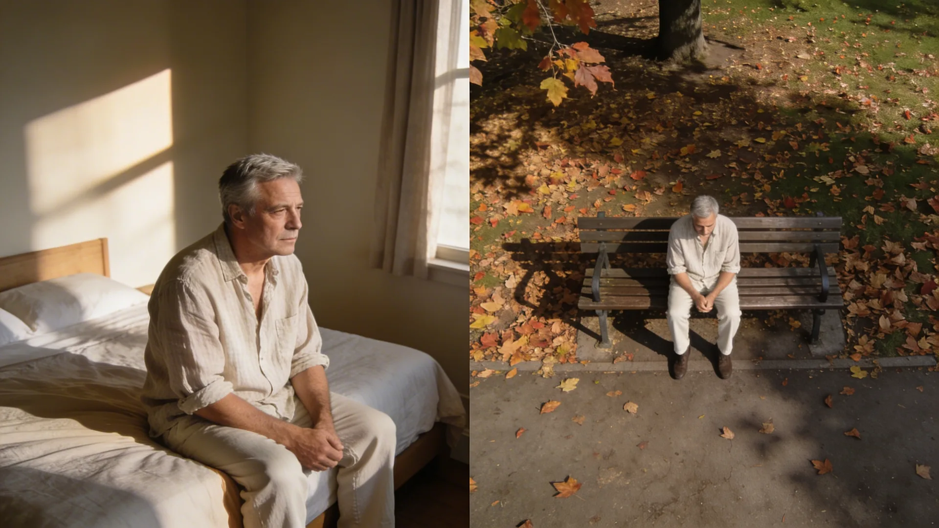 Overhead view of person sitting alone on park bench surrounded by autumn leaves, evoking childhood trauma test pictures search