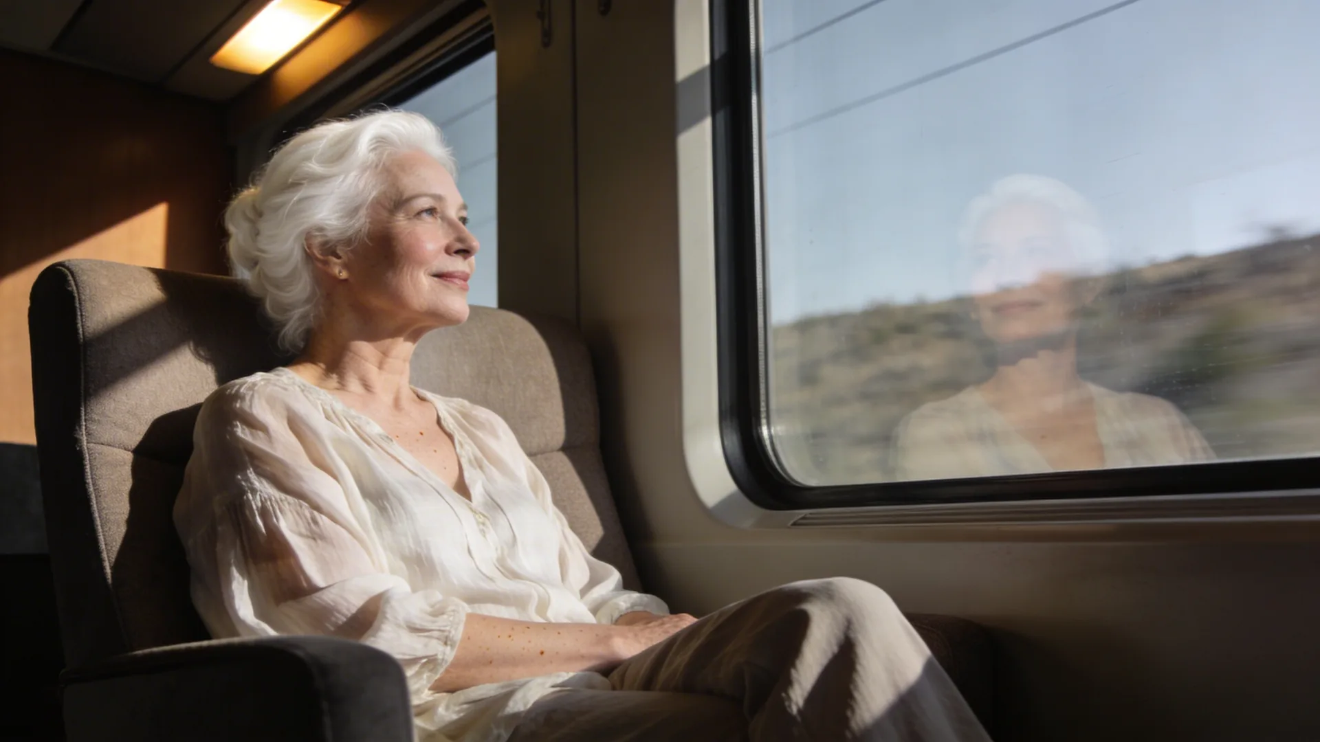 Person gazing through train window with blurred terrain reflecting on glass during childhood trauma therapy journey