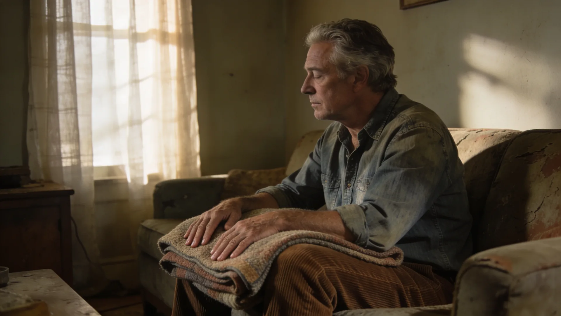 Crying for no reason — seated on a worn couch with a throw blanket, hands resting palm-down, late afternoon light