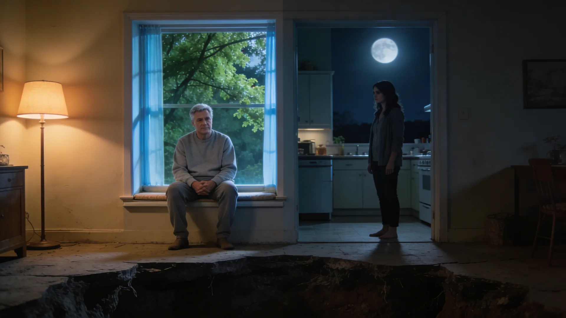 Man standing alone in moonlit kitchen at night reflecting dark night of the soul stages