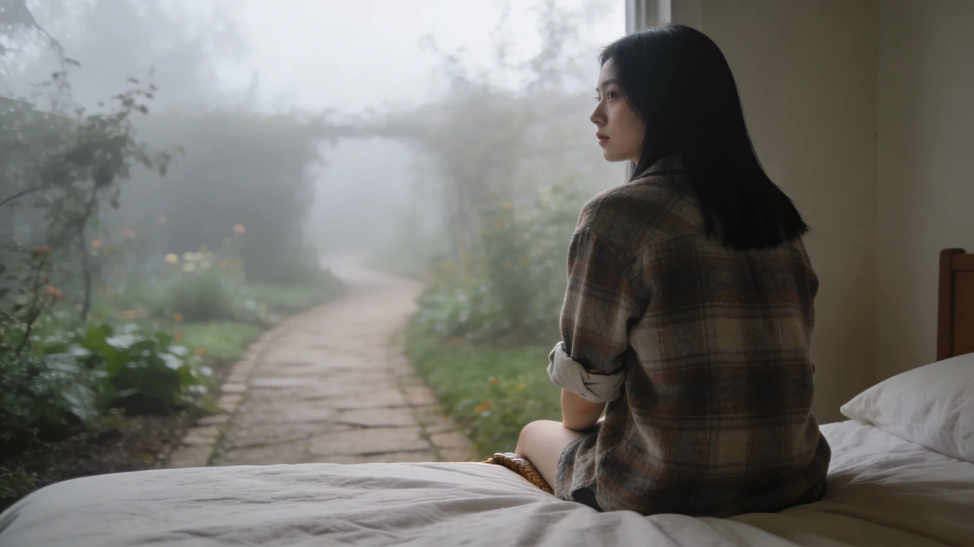 Woman paused on a misty garden path illustrating the push-pull of disorganized attachment style