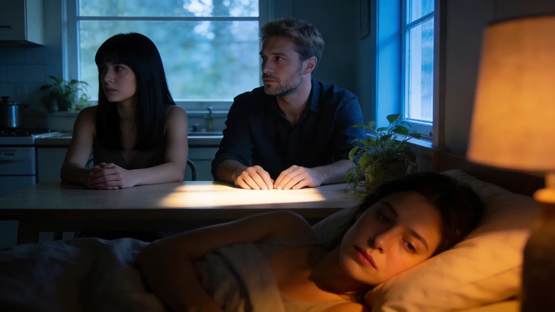 Woman lying awake in bed at night with amber lamplight on her face showing silence and memory loops that won't stop