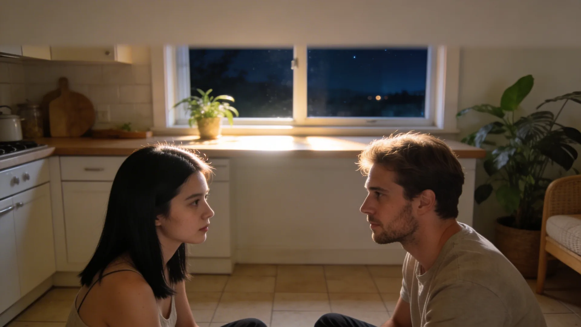 Two people sitting quietly on kitchen floor at night sharing stillness during a 10-minute night reset when the wave hits