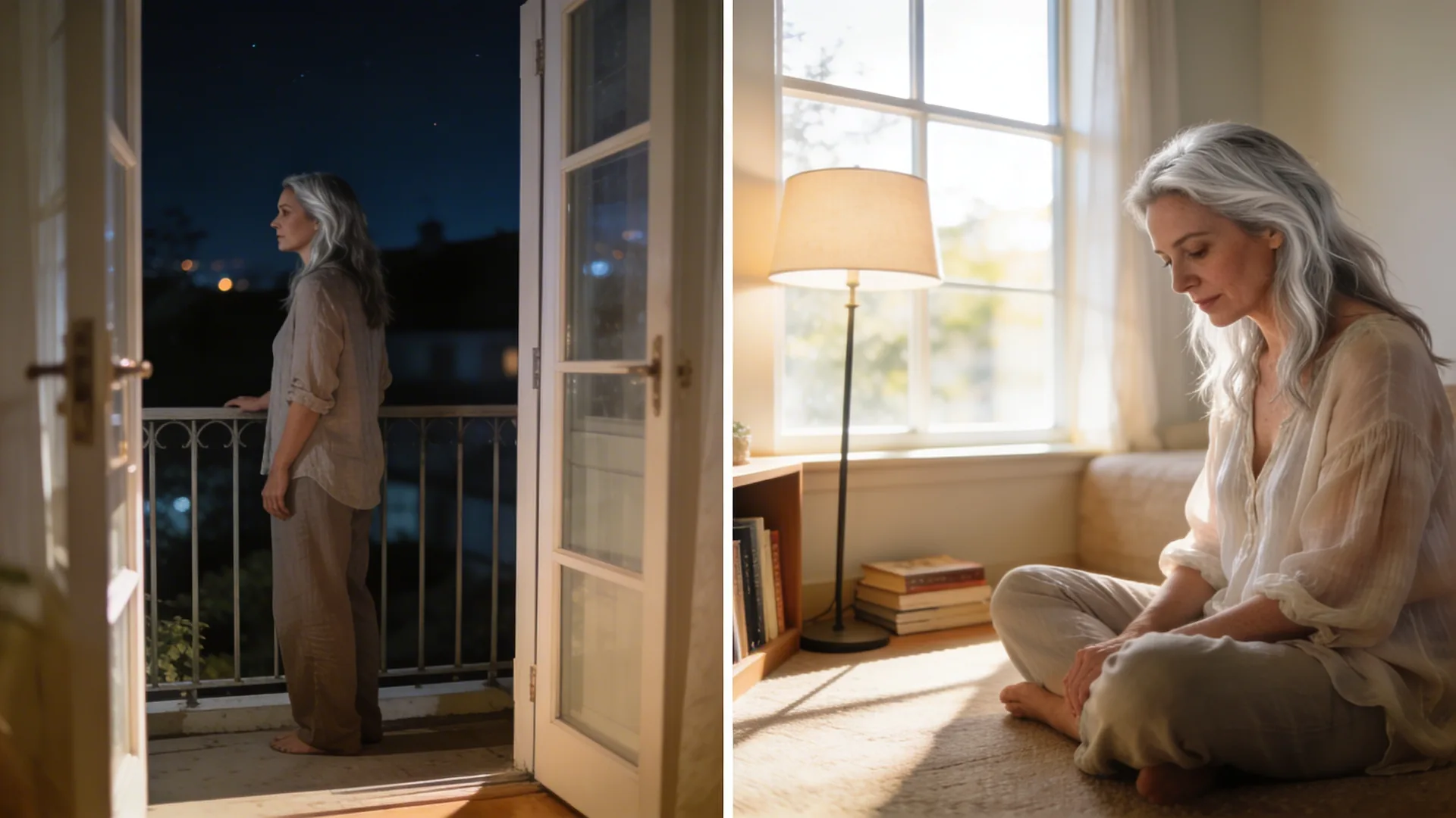 Woman standing at open balcony door at night looking outward showing why nights feel brutal after divorce