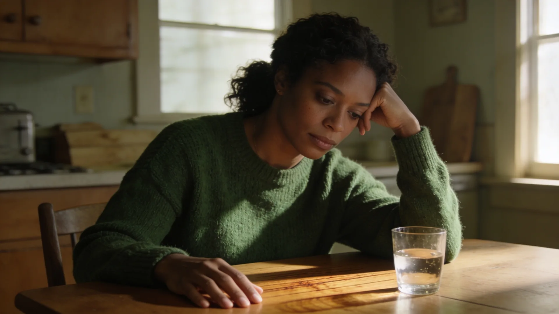 Does anxiety cause chest pain — seated at a wooden kitchen table, chin in hand, gaze on the wood grain, anxiety chest pain inquiry