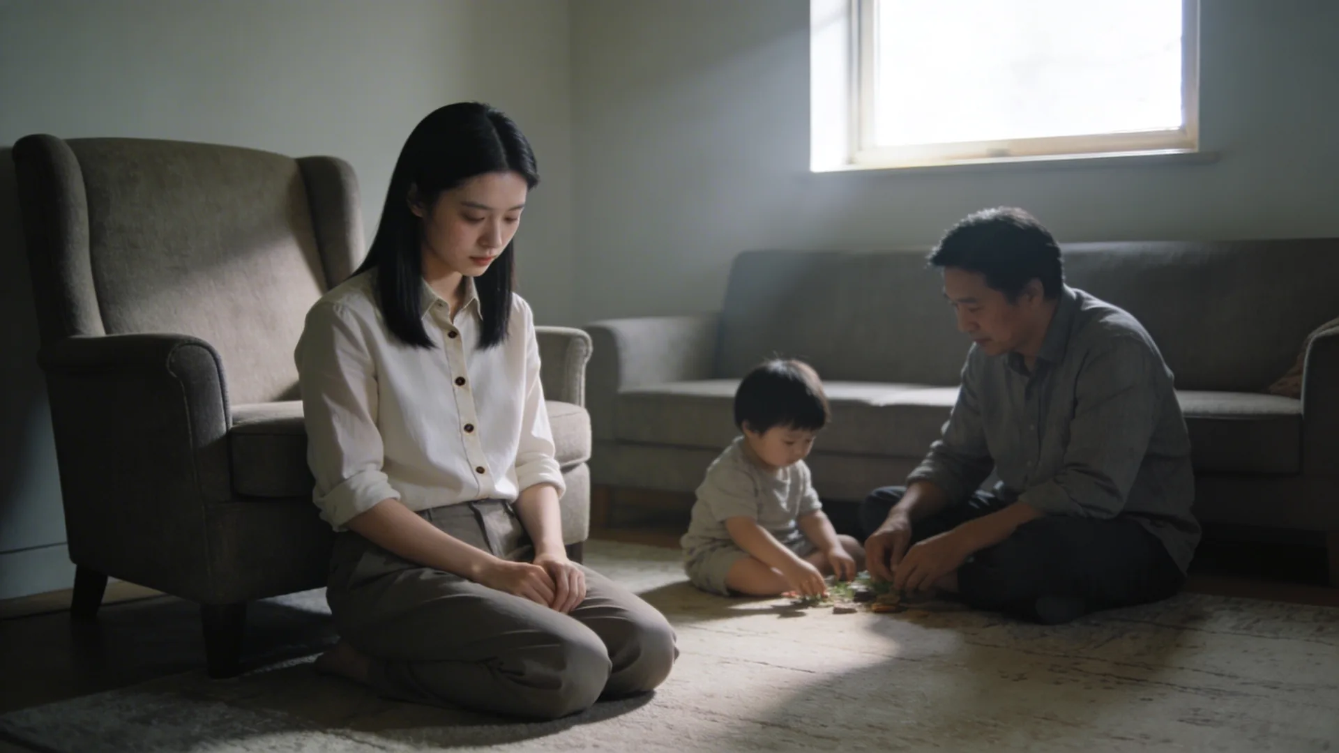 Parent and child sitting quietly on living room floor exploring does gentle parenting work through calm stillness