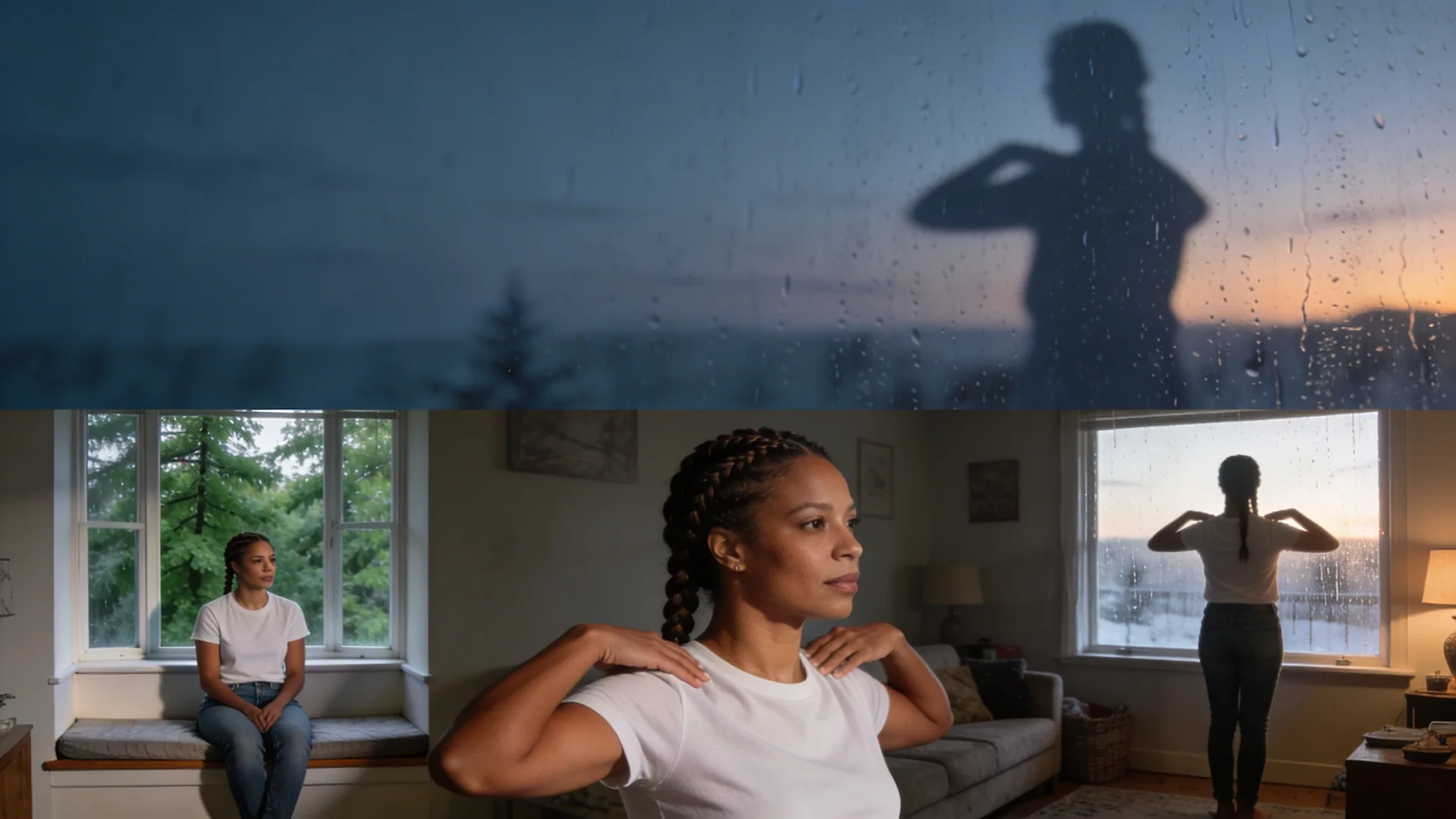 Woman standing in a living room facing a rain-streaked window while doing shadow work, shoulders tense, soft winter light