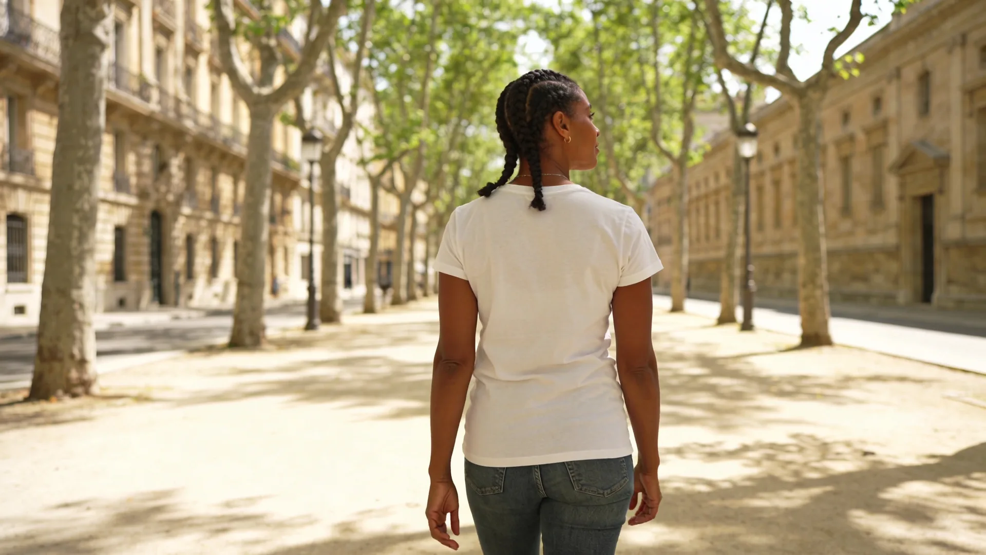 Woman walking slowly through a sunlit corridor after shadow work starts working, hand trailing along the wall