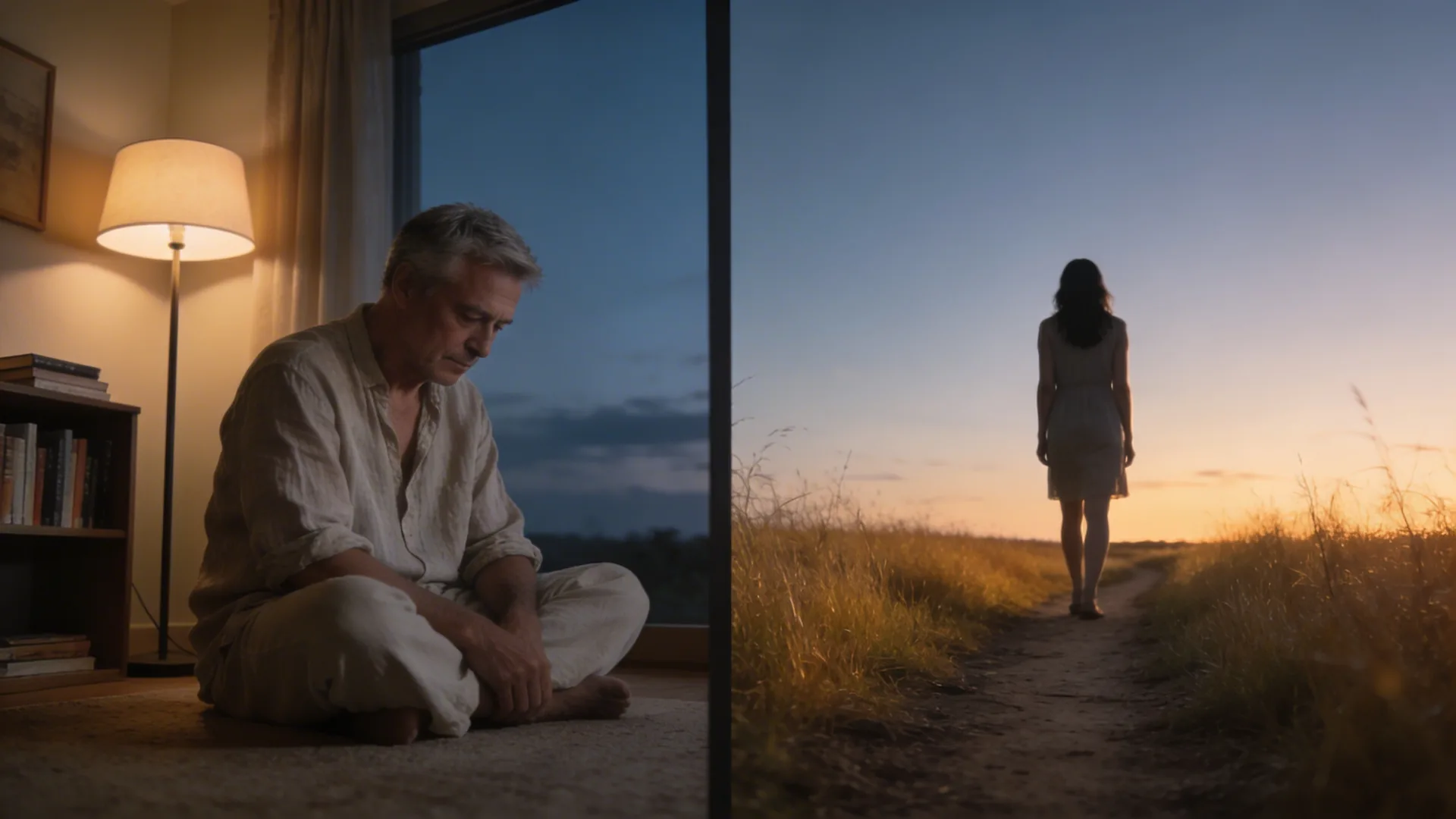 Woman standing on dirt path through golden grassland at sunset, experiencing ego backlash after meditation