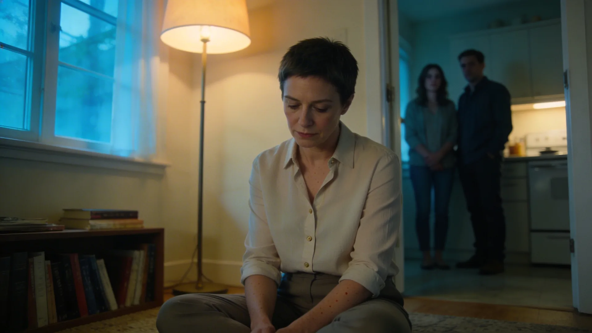 Two people standing quietly in a kitchen doorway after recognizing emotional detachment test results