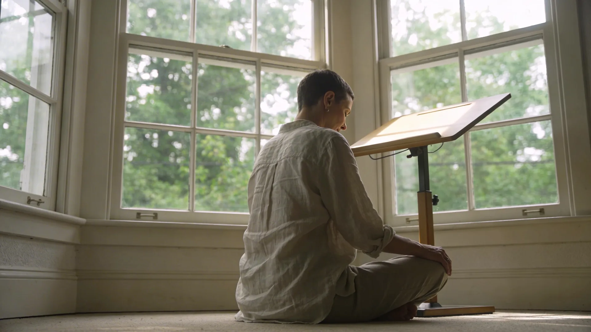 Woman practicing emotional energy healing by listening to her body at a sunlit standing desk