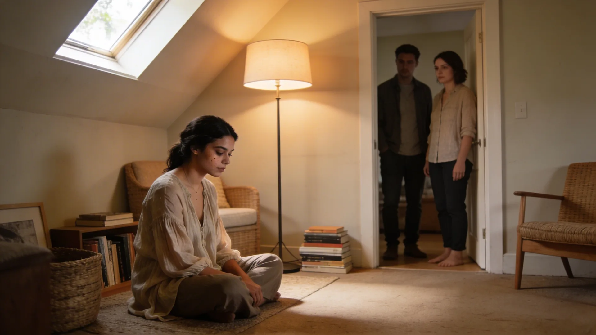 Two people standing in doorway sharing quiet stillness while protecting emotional reality in relationships