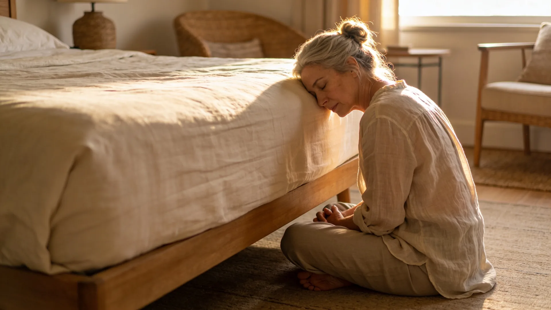 Person lying still on a wooden floor in Feeling Session posture, palms down beside hips, eyes covered, embodying emotional safety in relationships from the body up
