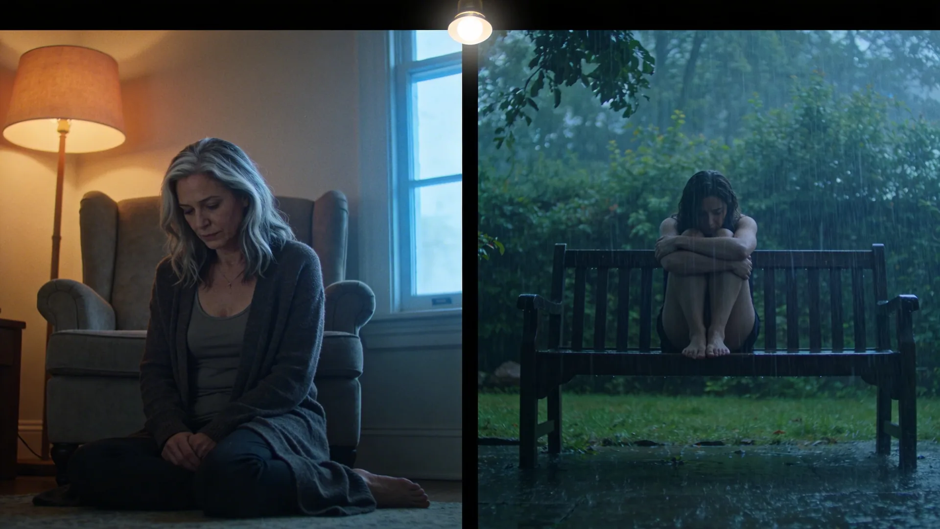 Fearful avoidant man sitting alone on a garden bench after rain with arms wrapped around himself