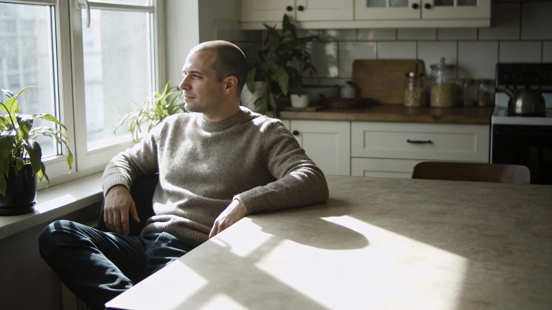 Man standing guardedly in sunlit living room wanting to feel safe but body still tense