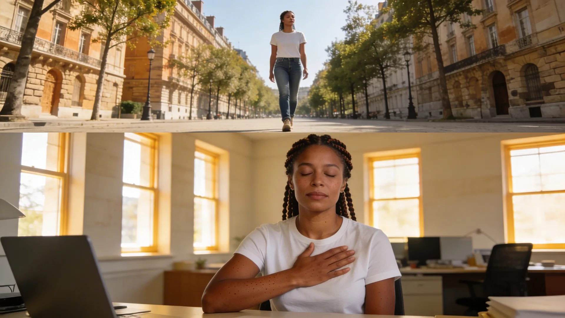 Woman at office desk hand on chest eyes closed physically safe but still not feeling safe inside