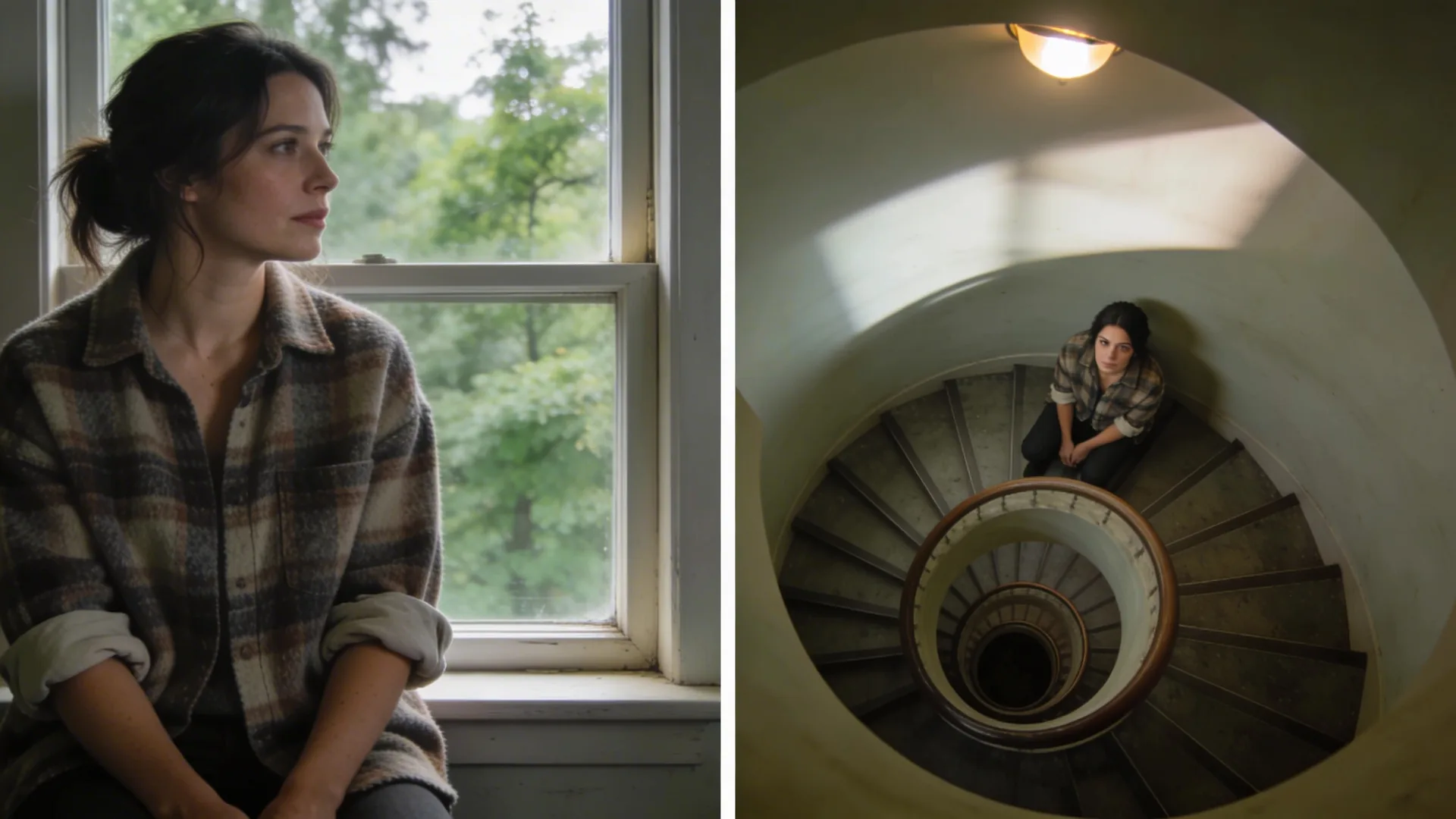 Overhead view of person sitting alone in spiral stairwell with light falling from above, feeling alone quotes visual