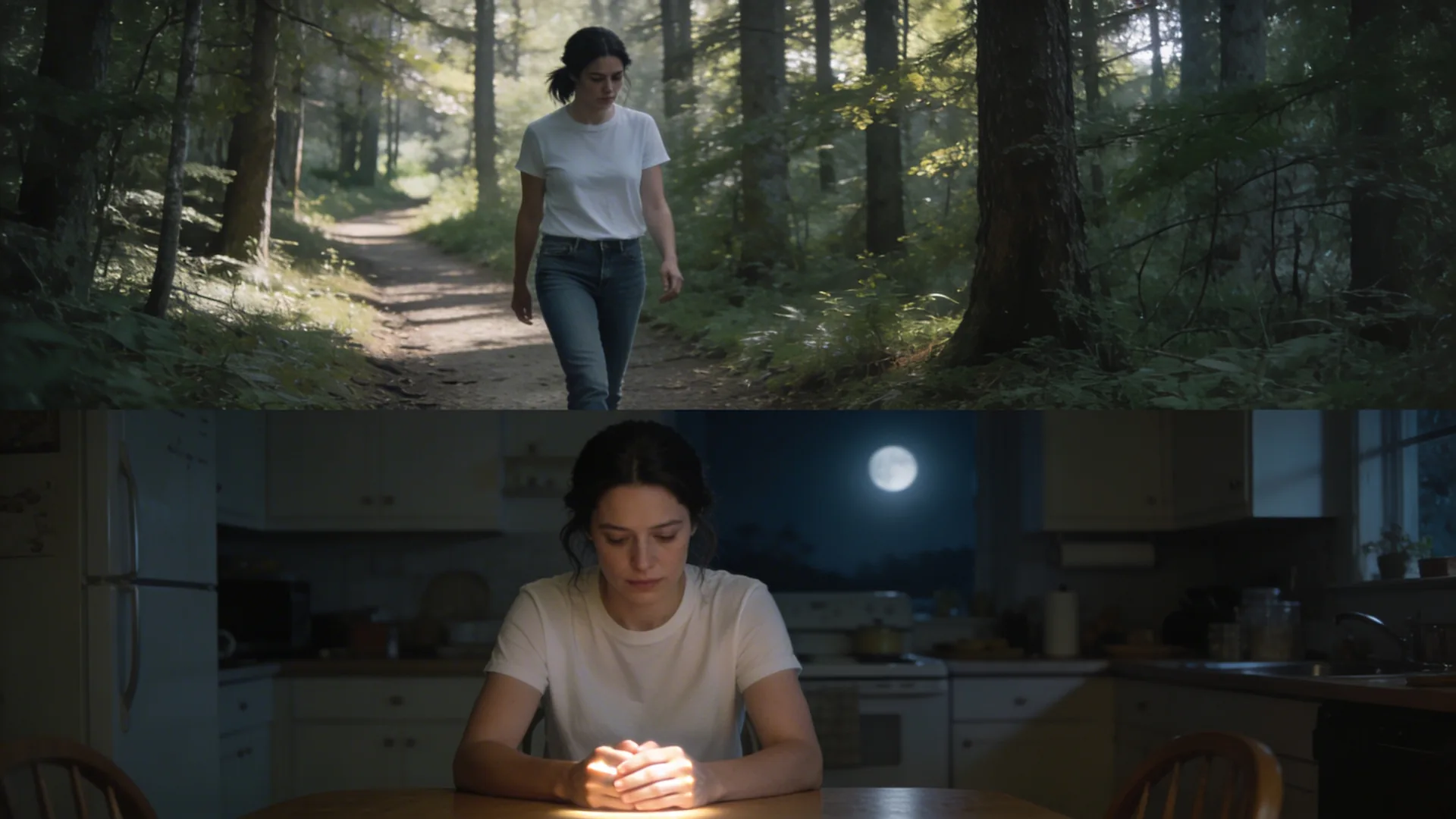 Woman sitting alone at kitchen table at night feeling disconnected from god with moonlight on her hands