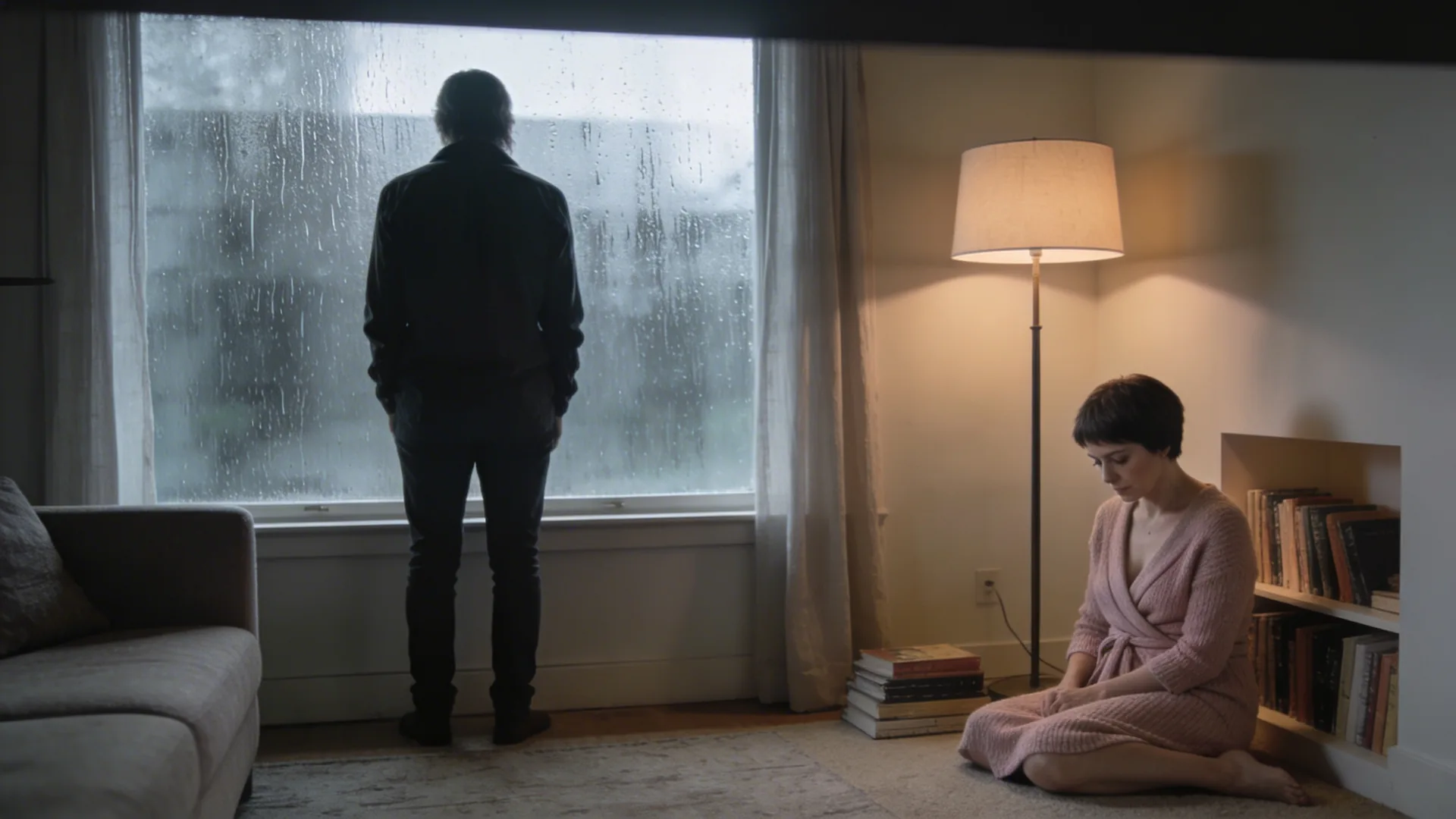 Person standing in a living room facing a rain-streaked window, body language conveying feeling empty