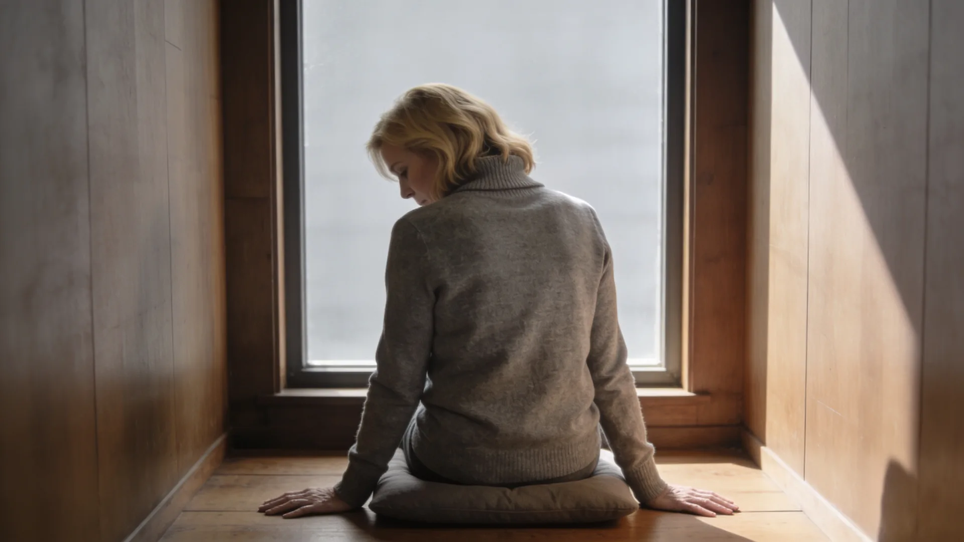 Feeling empty — viewed from behind, sitting on a low cushion, palms flat on the floor, pale gray morning light