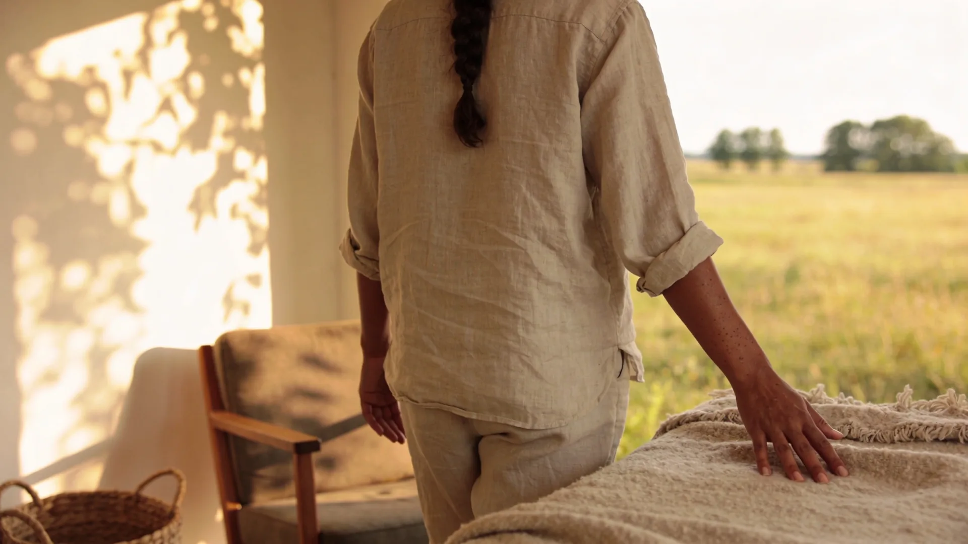 Hand resting palm-down on a wool blanket during a calm practice for feeling empty inside