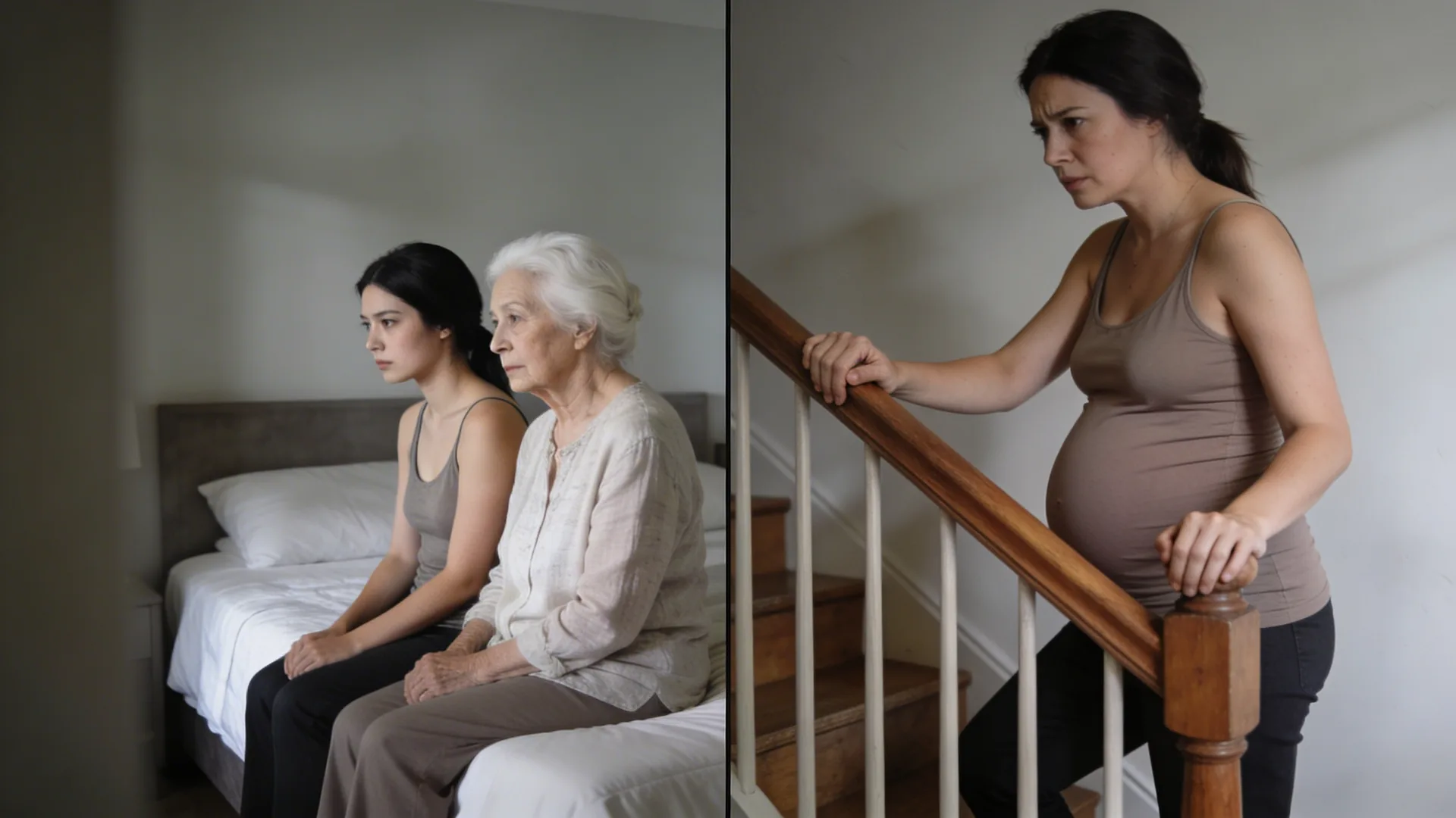 Pregnant woman's tense hands gripping a wooden staircase railing, body paused mid-step