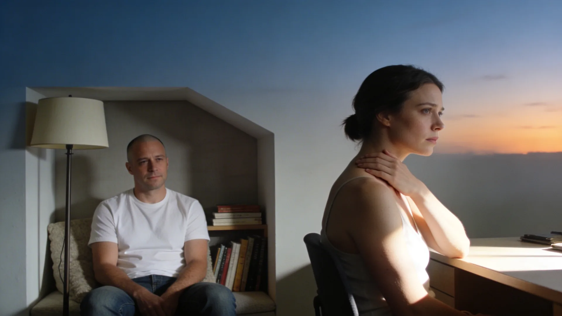 Man sitting sideways at desk touching his collarbone, feeling misunderstood in bright morning light