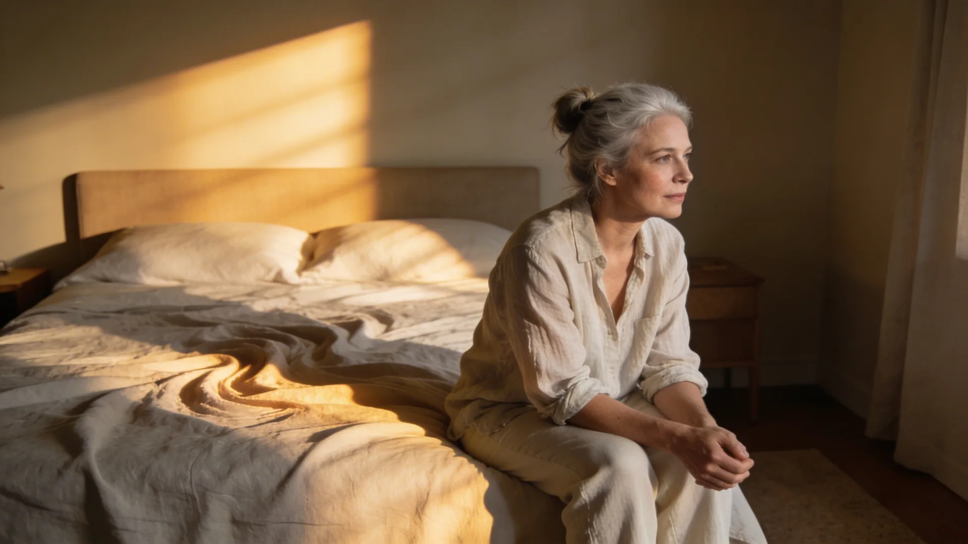 Rumpled linen bedsheet with body impression in morning light showing what changes after feeling practice