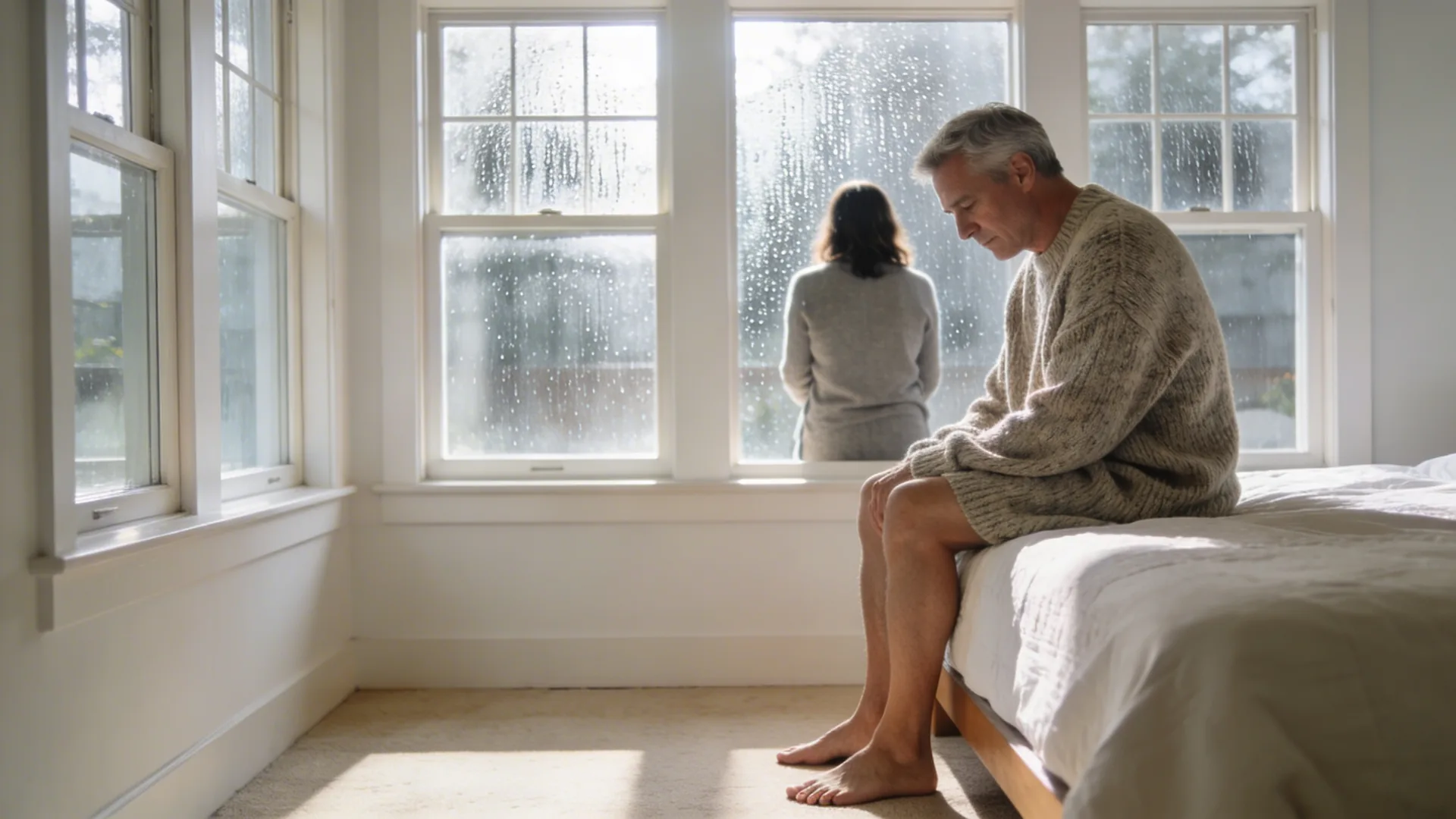 Man seen from behind at rain-dotted window showing back and posture cues that map fight flight freeze fawn flop survival states