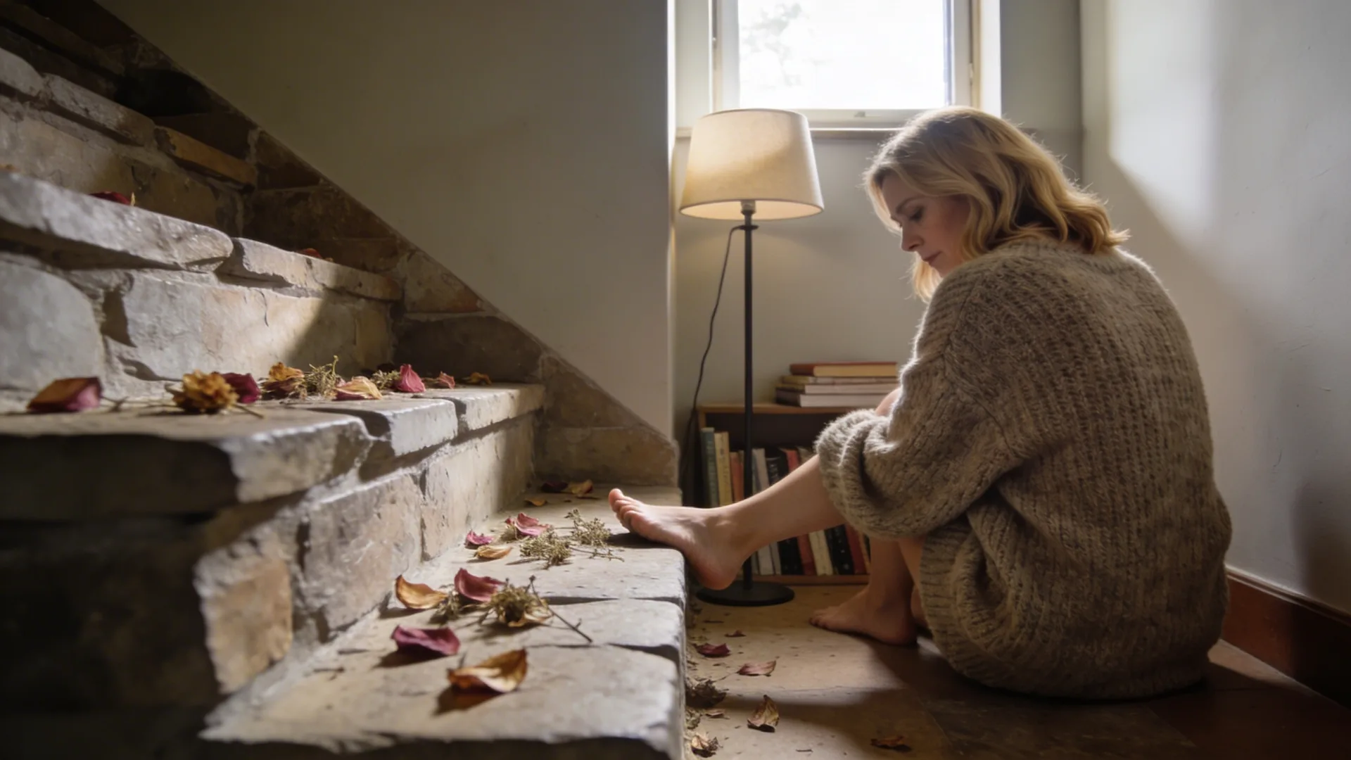 Dried healing flower petals scattered across worn stone steps with a bare foot paused at the edge