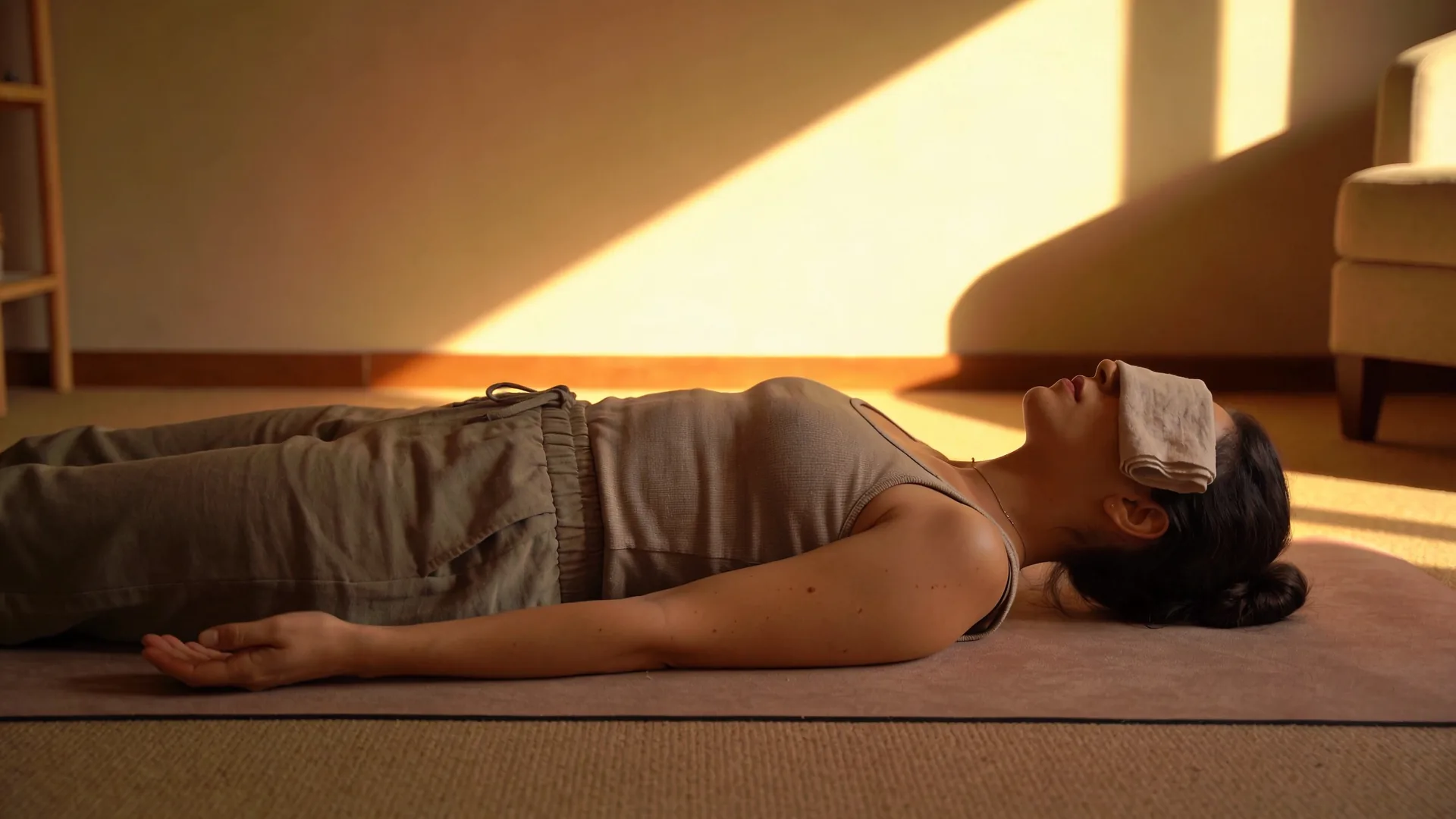 Woman seated on floor in natural light with grounded posture practicing freeze response protocol