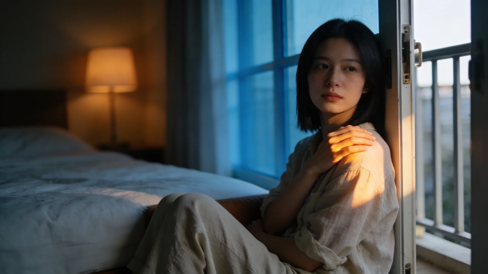 Woman rebuilding connection after grief leaning against open balcony doorframe in soft natural light